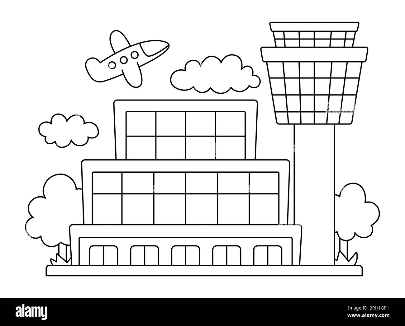Vector black and white airport line icon. Air port clipart with dispatcher or control tower, plane, building, clouds. Flight terminal illustration or Stock Vector