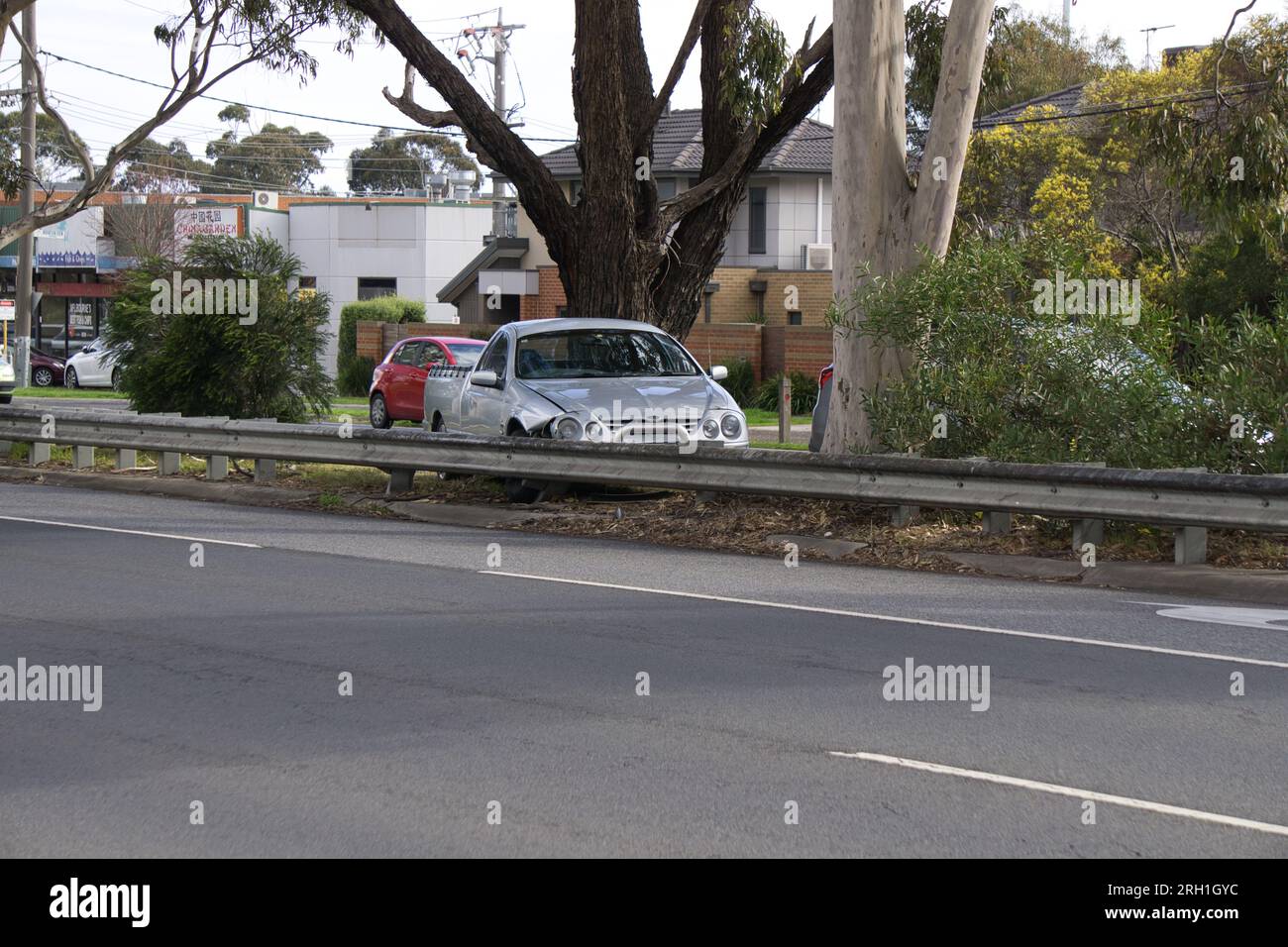 Belverde Park Victoria Australia 13th August 2023, XR8 Falcon Ute lost control and collided with a guard rail on the median strip. Frankston Dandenong road. credit PjHickox/Alamy Live News Stock Photo
