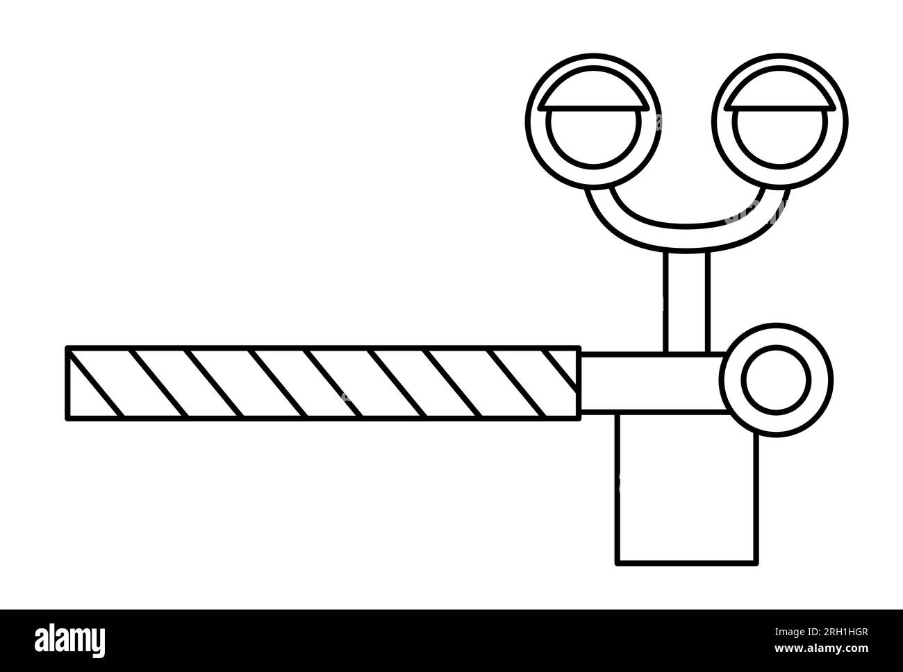 Vector black and white railroad barrier with traffic lights. Railway gate with semaphore line icon. Rail way stop sign or coloring page isolated on wh Stock Vector