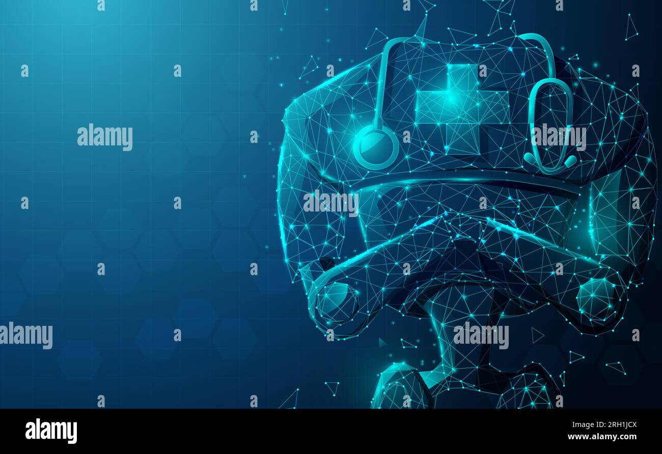 Close up of robot doctor with stethoscope. Artificial Intelligence, AI. Modern medical