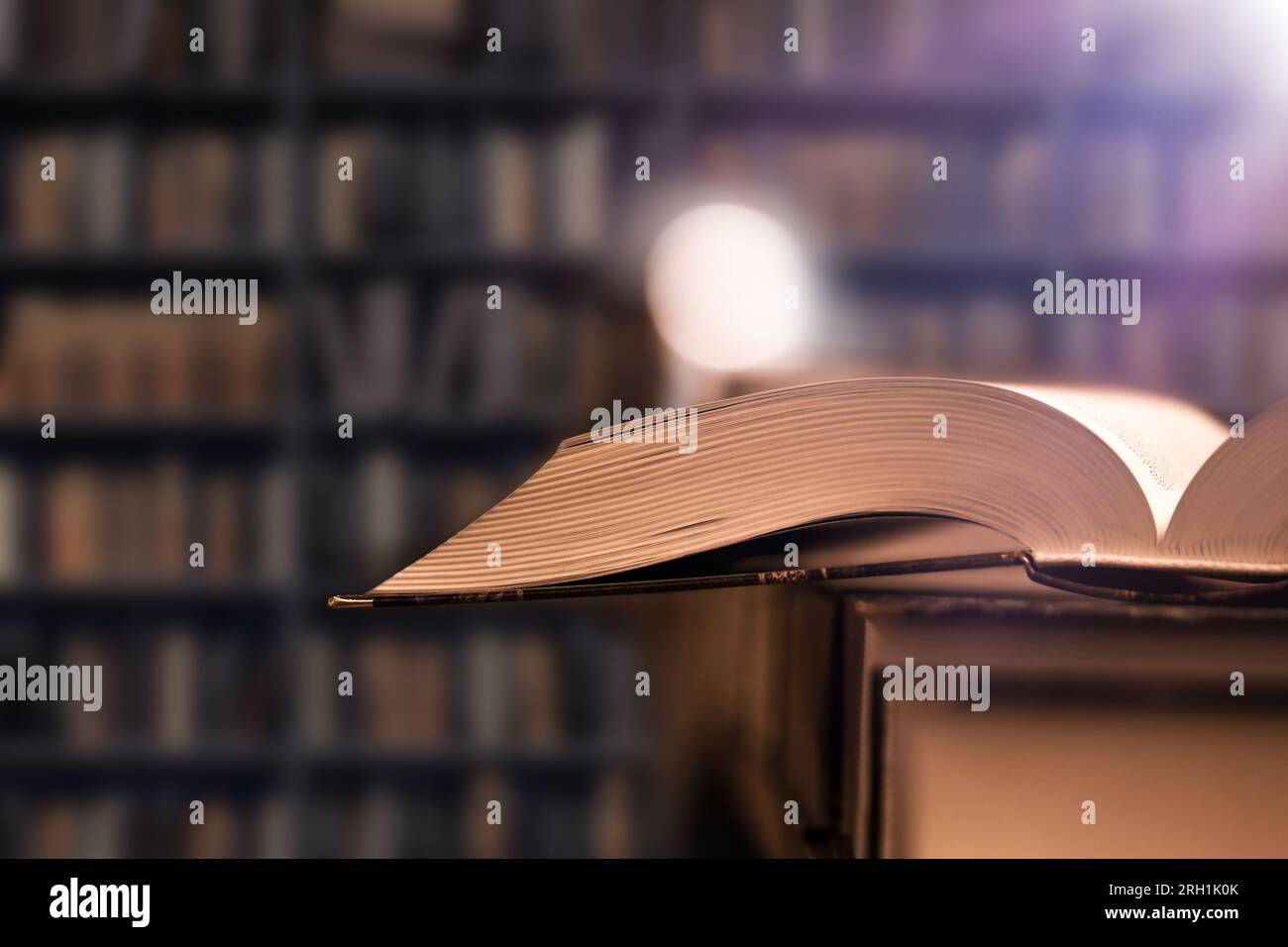 Learning from books in the library. Open book in college library, bookshelf in the interior. Copy space. Stock Photo