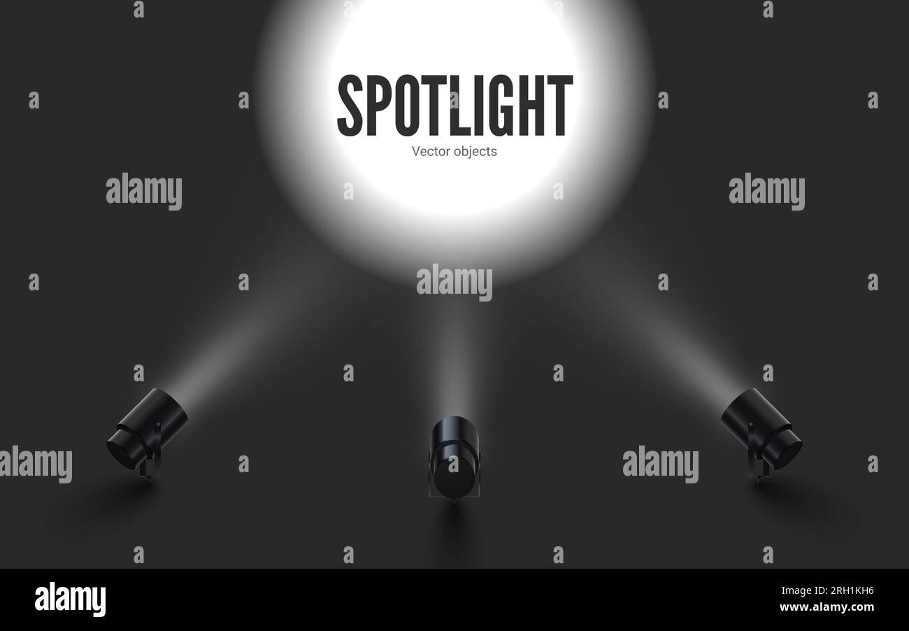 Spotlights with bright white light shining. Collections projectors with Illuminated effect . Set