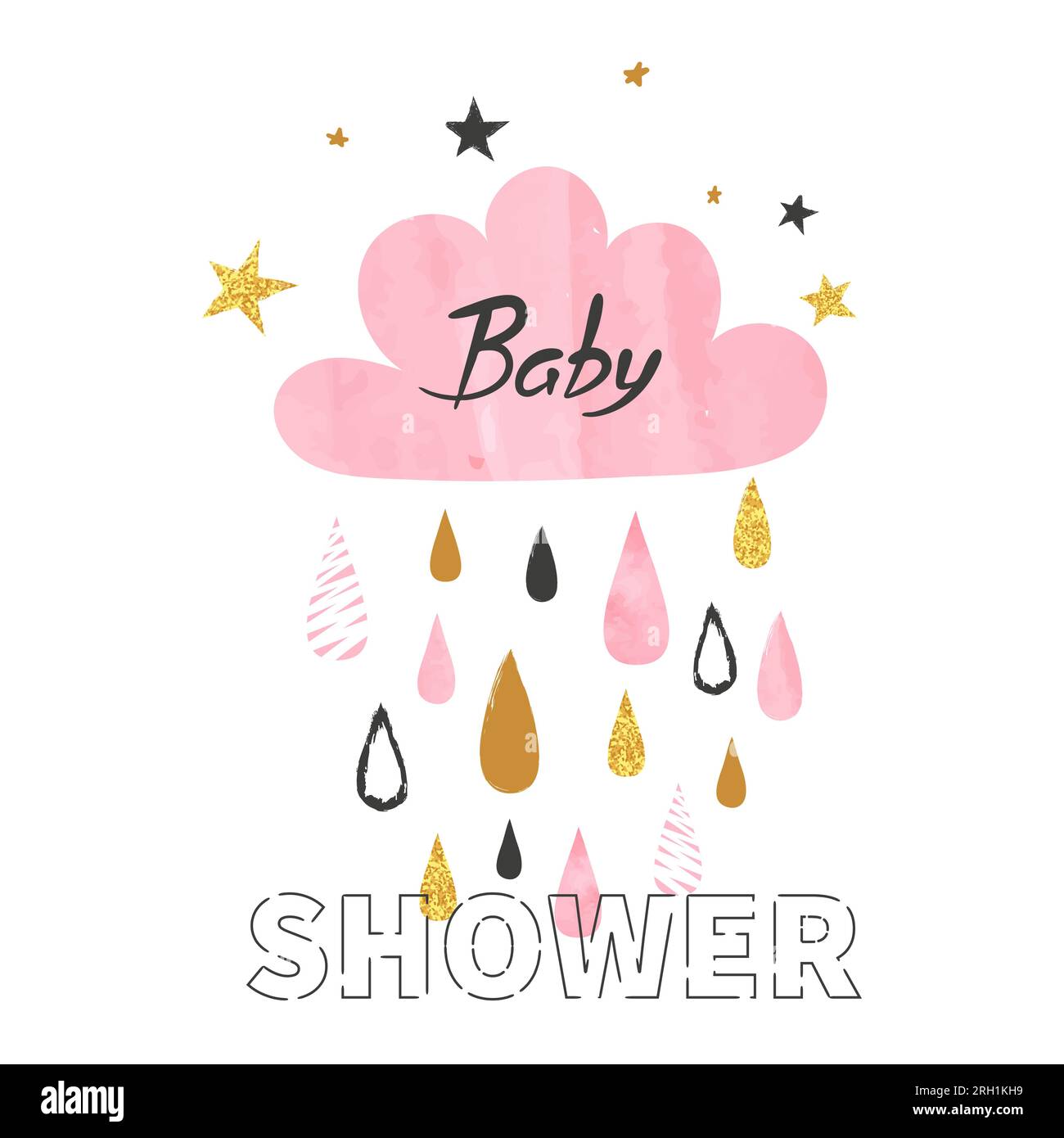 Baby shower girl vector illustration with rainy cloud. Stock Vector