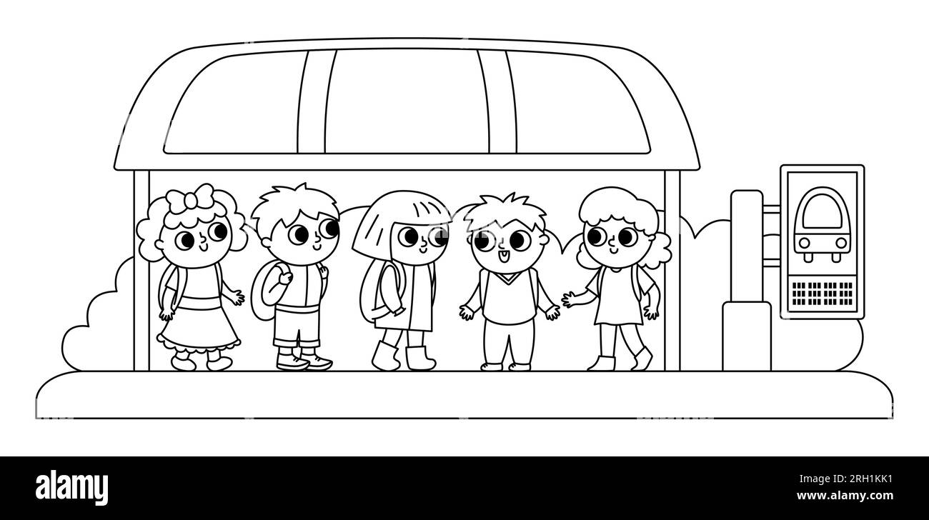 Children on a busstop waiting for the school bus. Black and white vector bus stop icon. Cartoon public transport station. City or countryside transpor Stock Vector