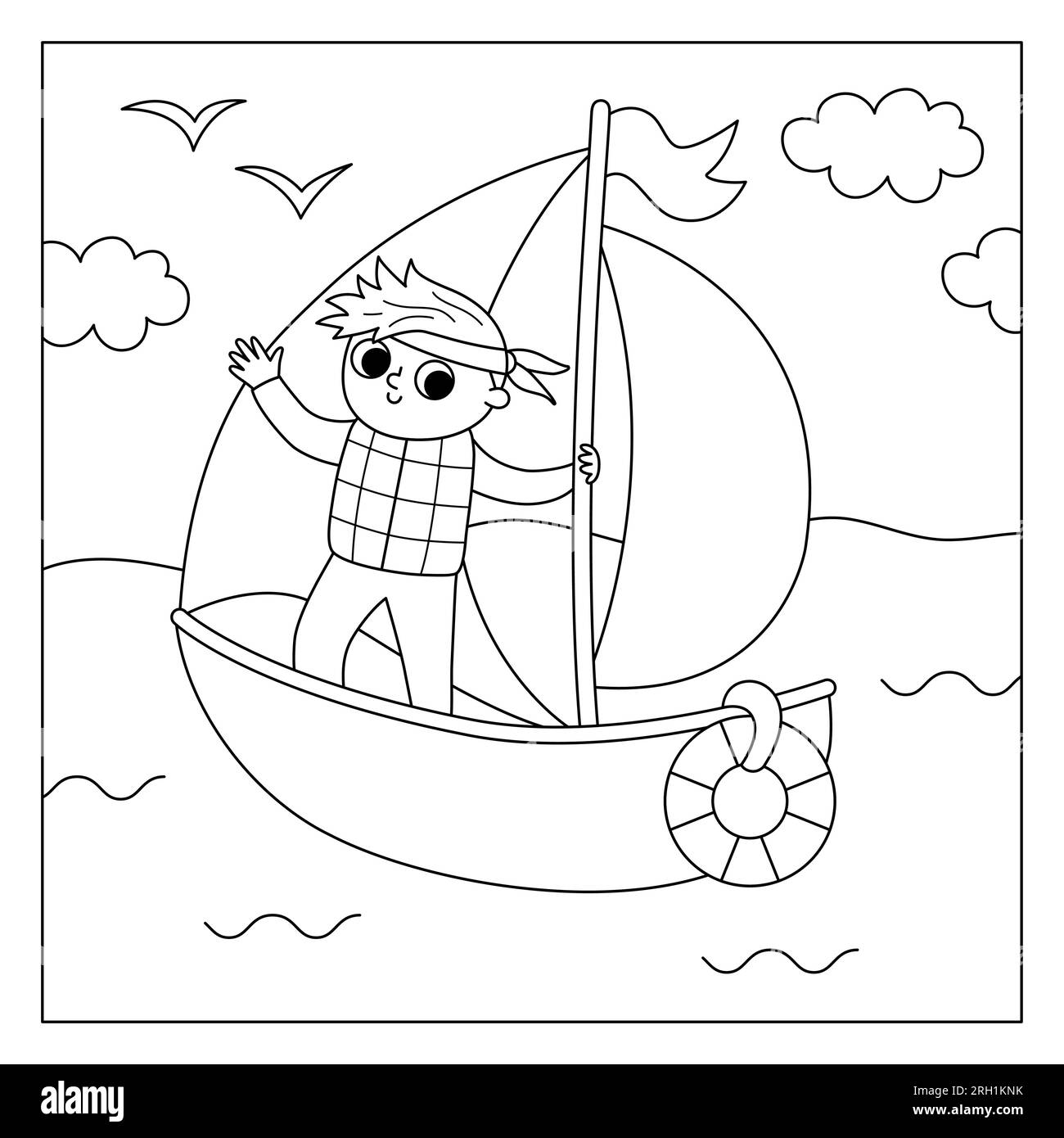 Vector black and white square scene with boy sailing yacht