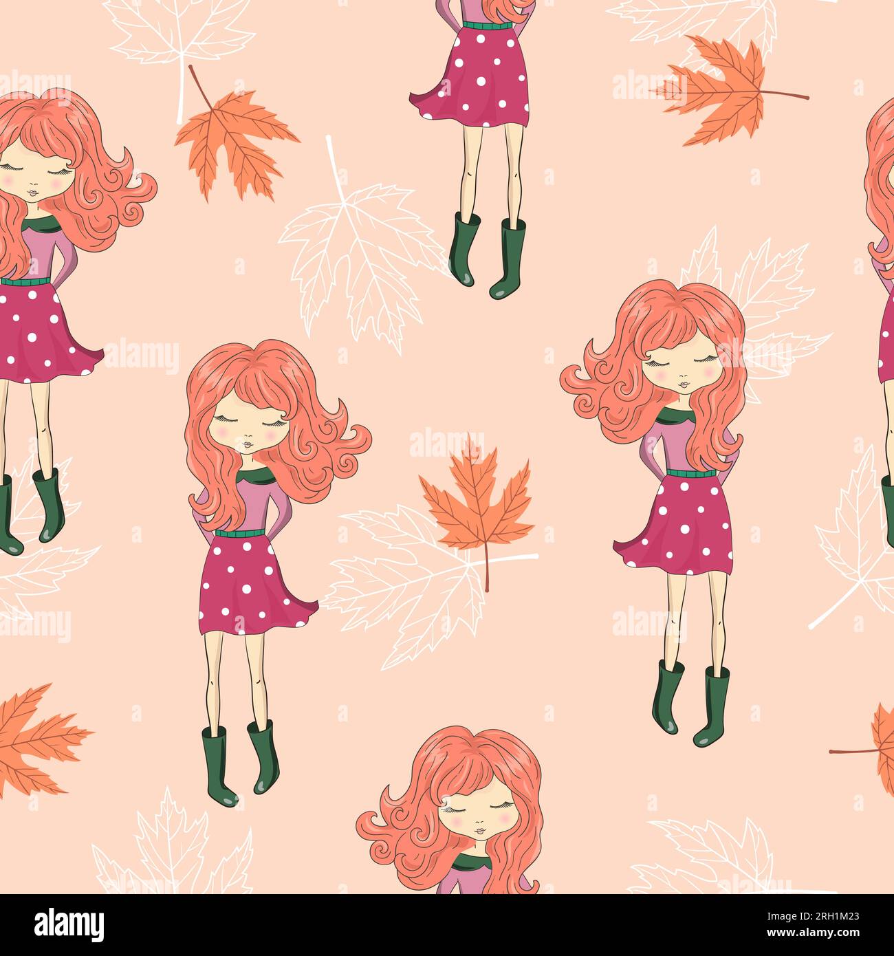 Seamless autumn pattern with cute cartoon girls Stock Vector Image ...