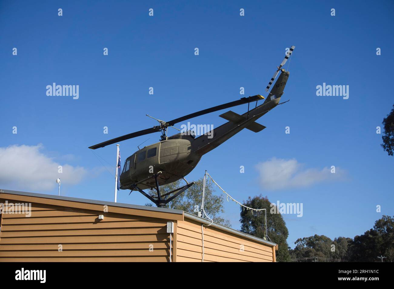 A side view of Bell UH-1 Iroquois a helicopter used in the Viet Nam War at Seymour Viet Nam War Memorial Stock Photo