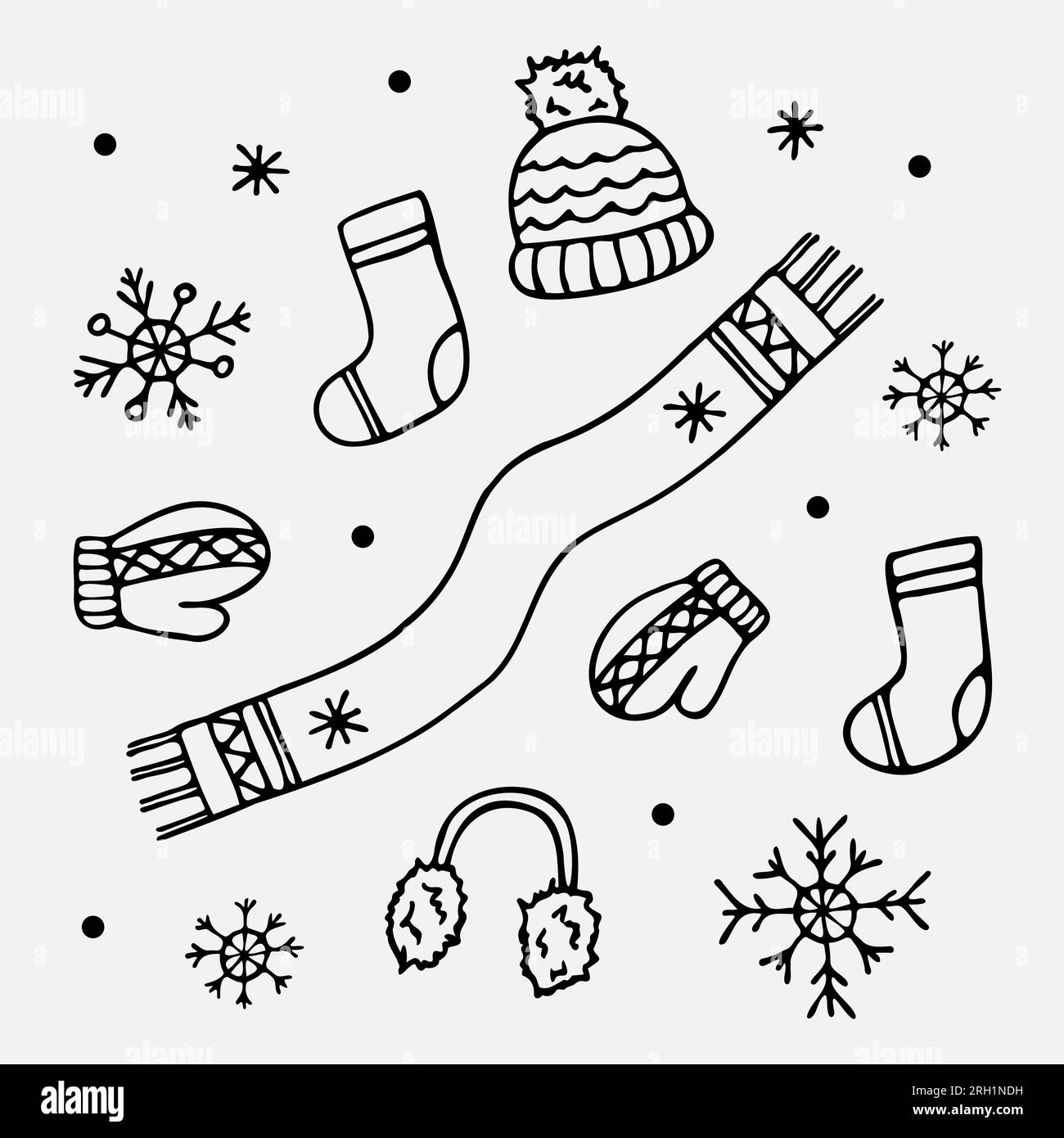 Hand drawn set of winter warm clothing items. Hat, scarf, socks, mittens, fur winter earmuffs and snowflakes. Vector illustration in doodle style. Stock Vector