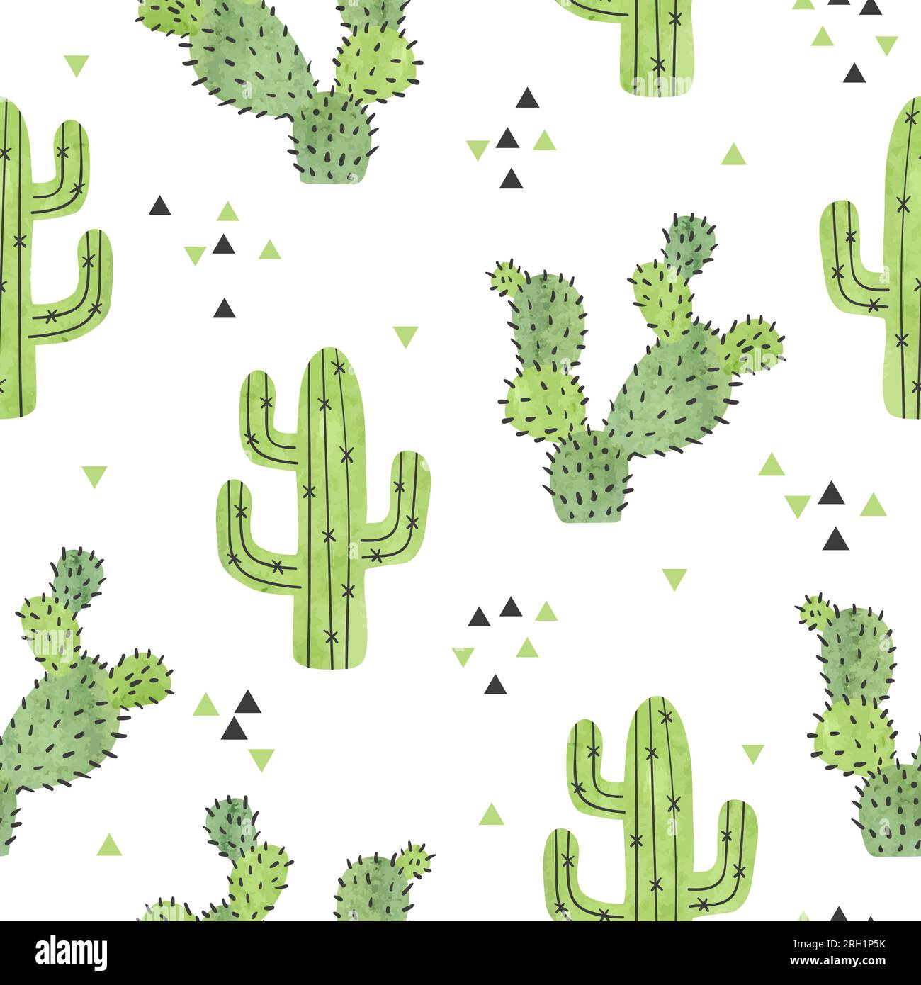 Watercolor cactus seamless pattern. Vector background with green cactus ...