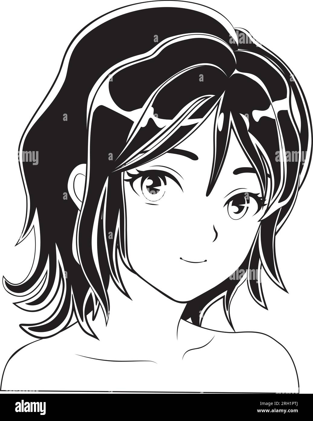 Smiling anime girl portrait in black and white colors. Stock Vector