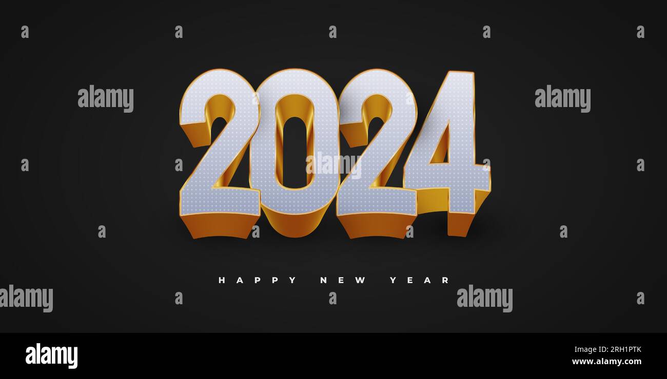 Happy New Year 2024. Golden metal 3D numbers 2024 in glass bauble