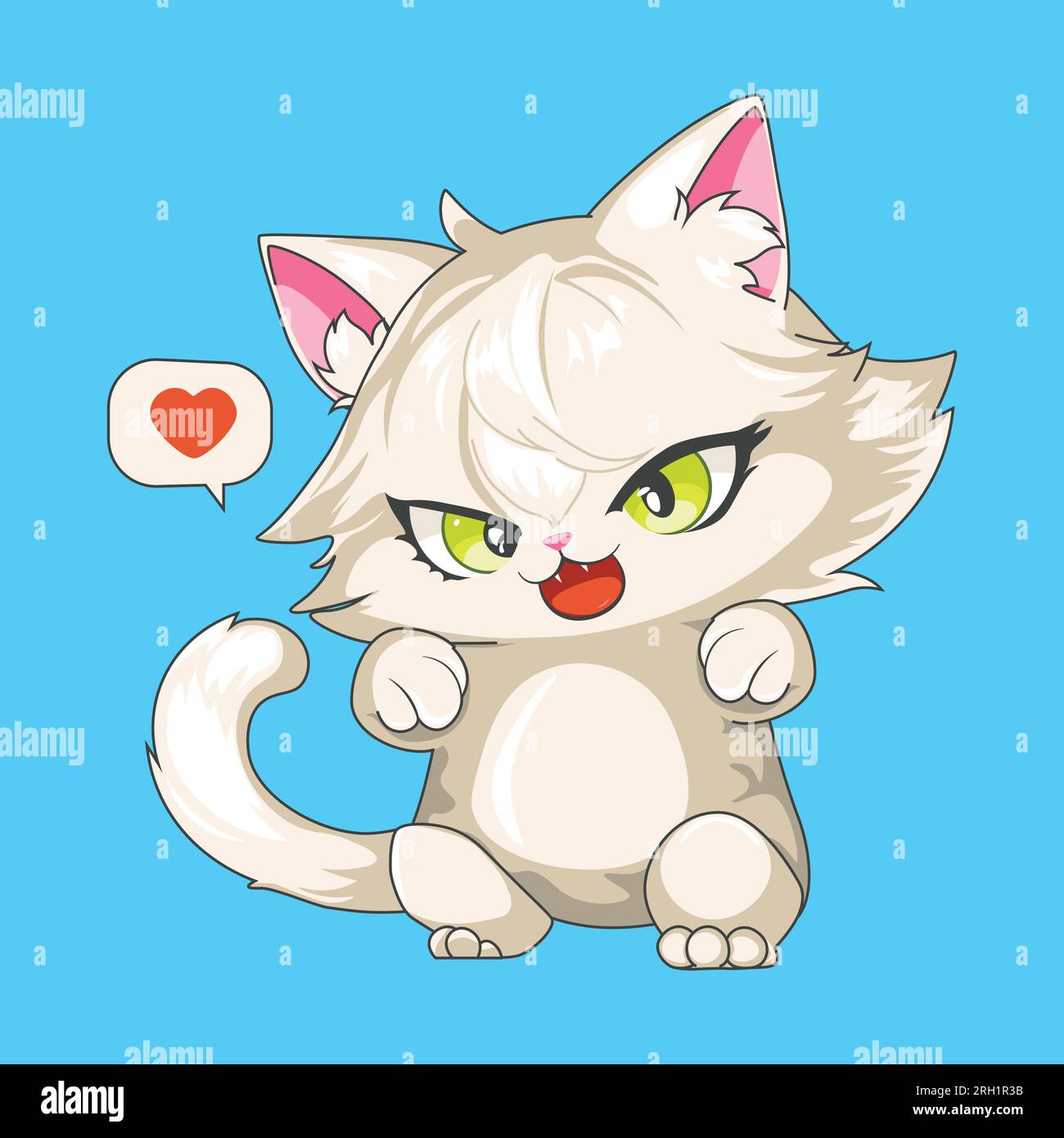 Cute cartoon white kitten with heart illustration. Stock Vector
