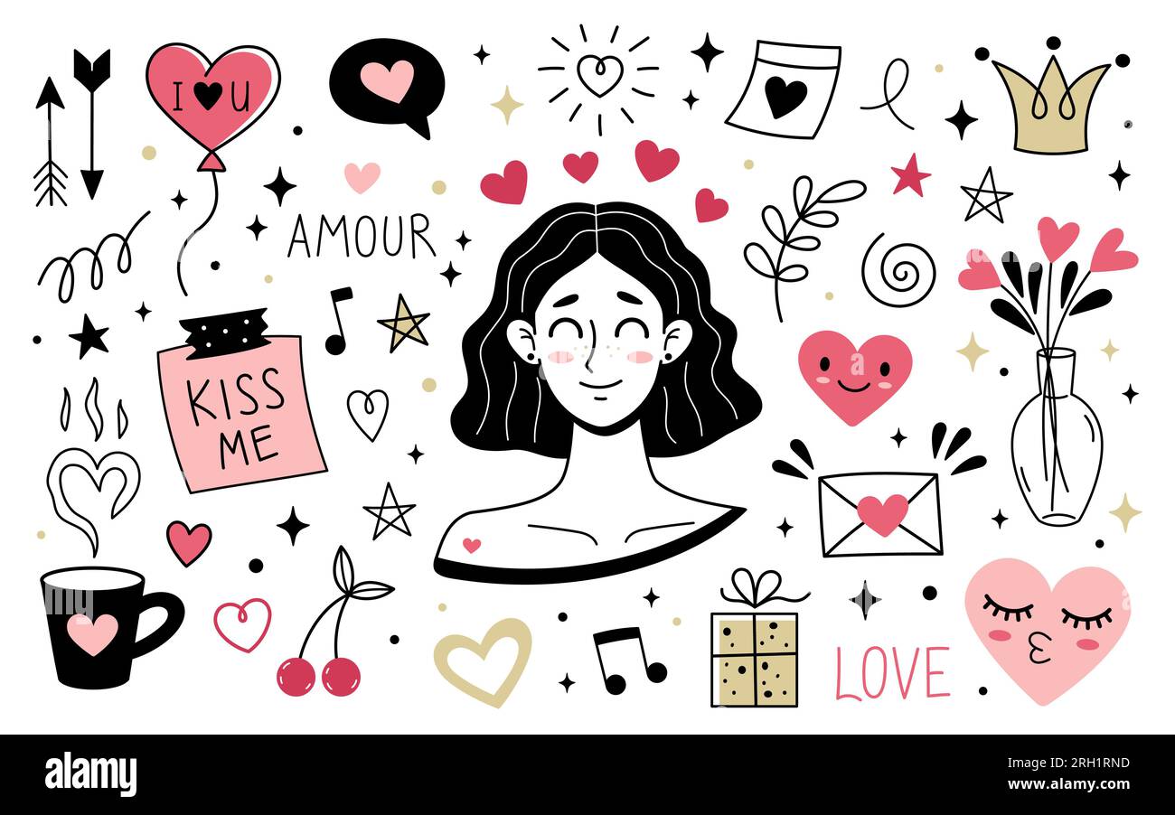 Set of cute love elements. Doodle style. Hand drawn simple vector ...