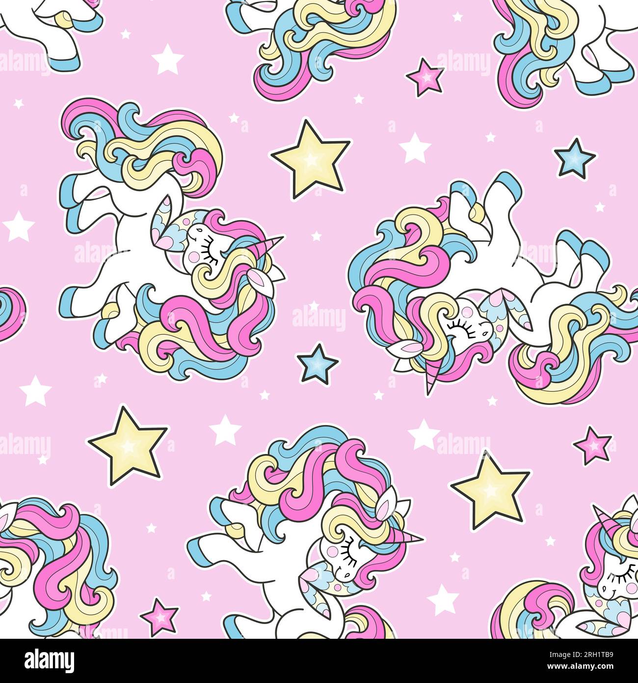Seamless pattern with white unicorns and stars on a pink background