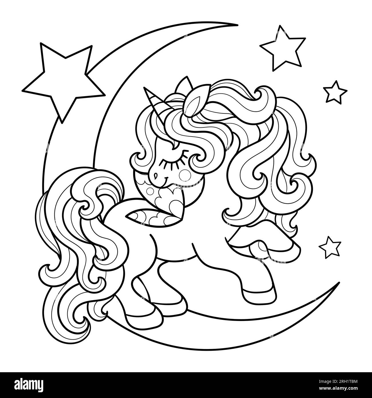 Cartoon Unicorn is jumping on the moon with stars. Black and white line ...
