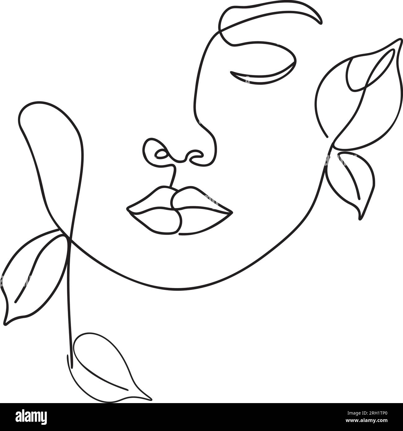 Abstract line art female face with leaves minimalistic illustration ...