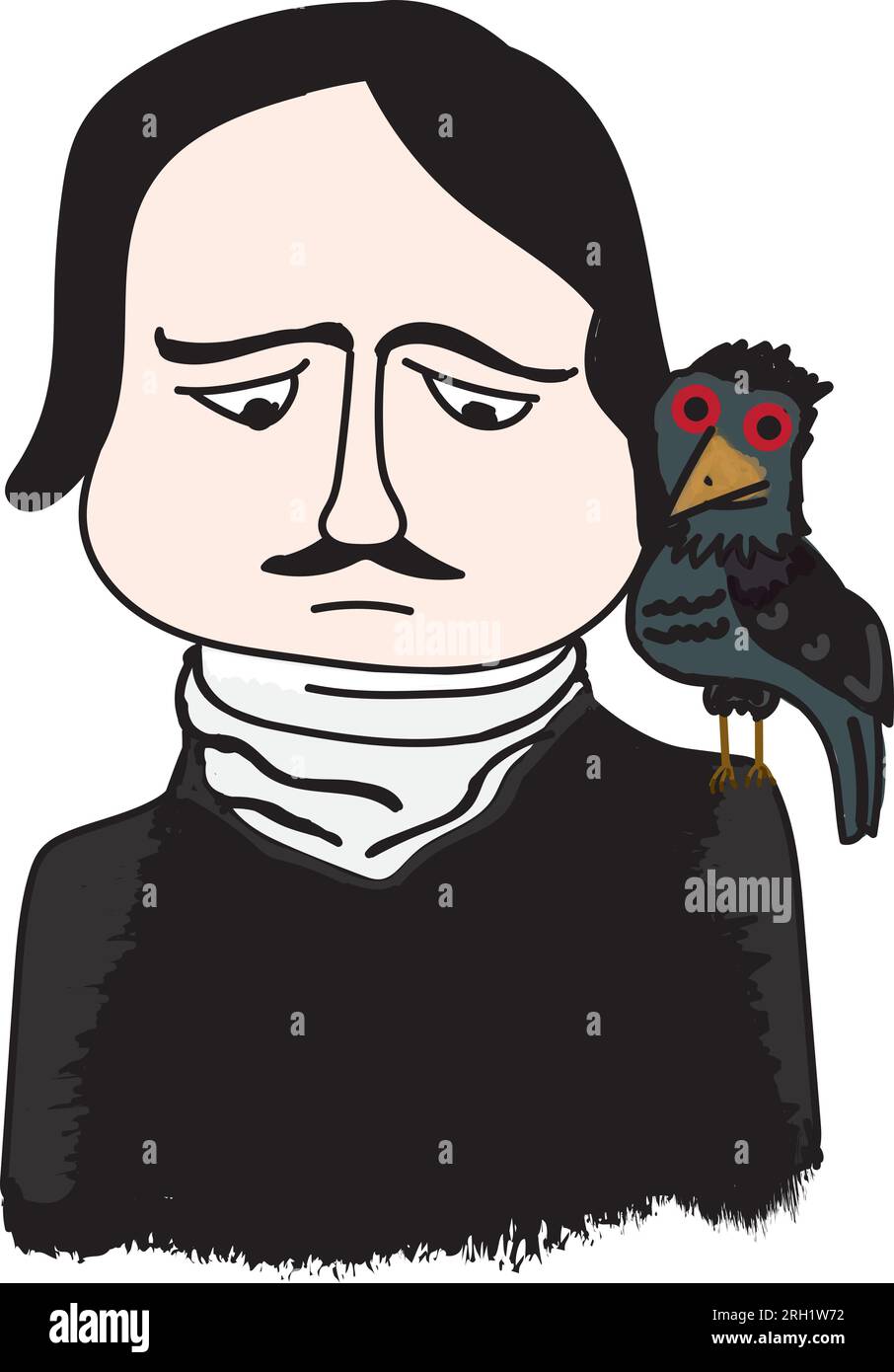 Illustration of Edgar Allan Poe with raven on shoulder. Stock Vector