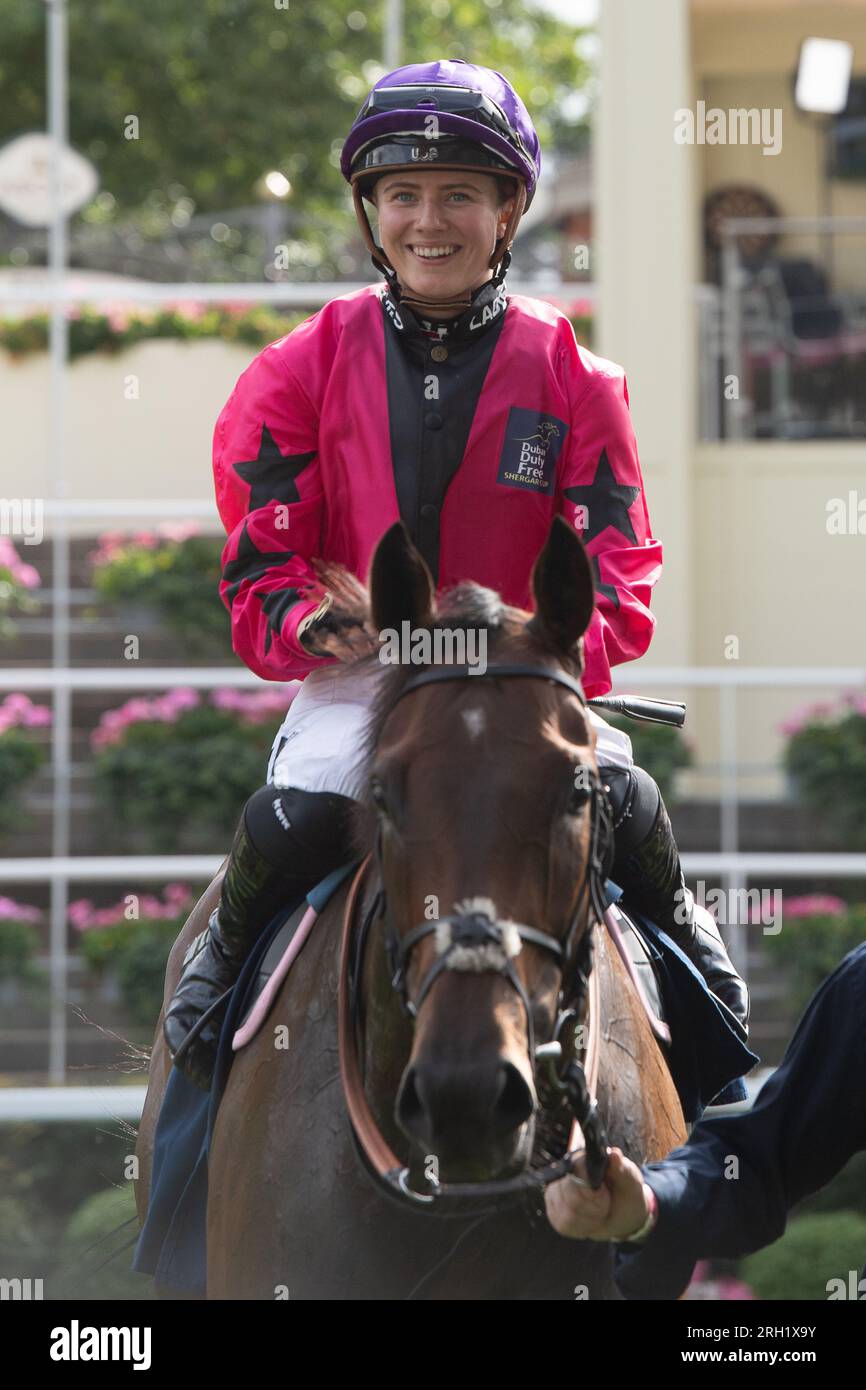 Ascot, Berkshire, UK. 13th August, 2023. Horse Dark Trooper ridden by Saffie Osborne wins the Dubai Duty Free Shergar Cup Sprint at Ascot Racecourse resulting in an overall team win for the Ladies. Owner Chi Un Fred Ma. Trainer Ed Walker, Upper Lambourn. Breeder Yeomanstown Stud. Sponsor ABM Catering Facilities Management. Credit: Maureen McLean/Alamy Live News Stock Photo