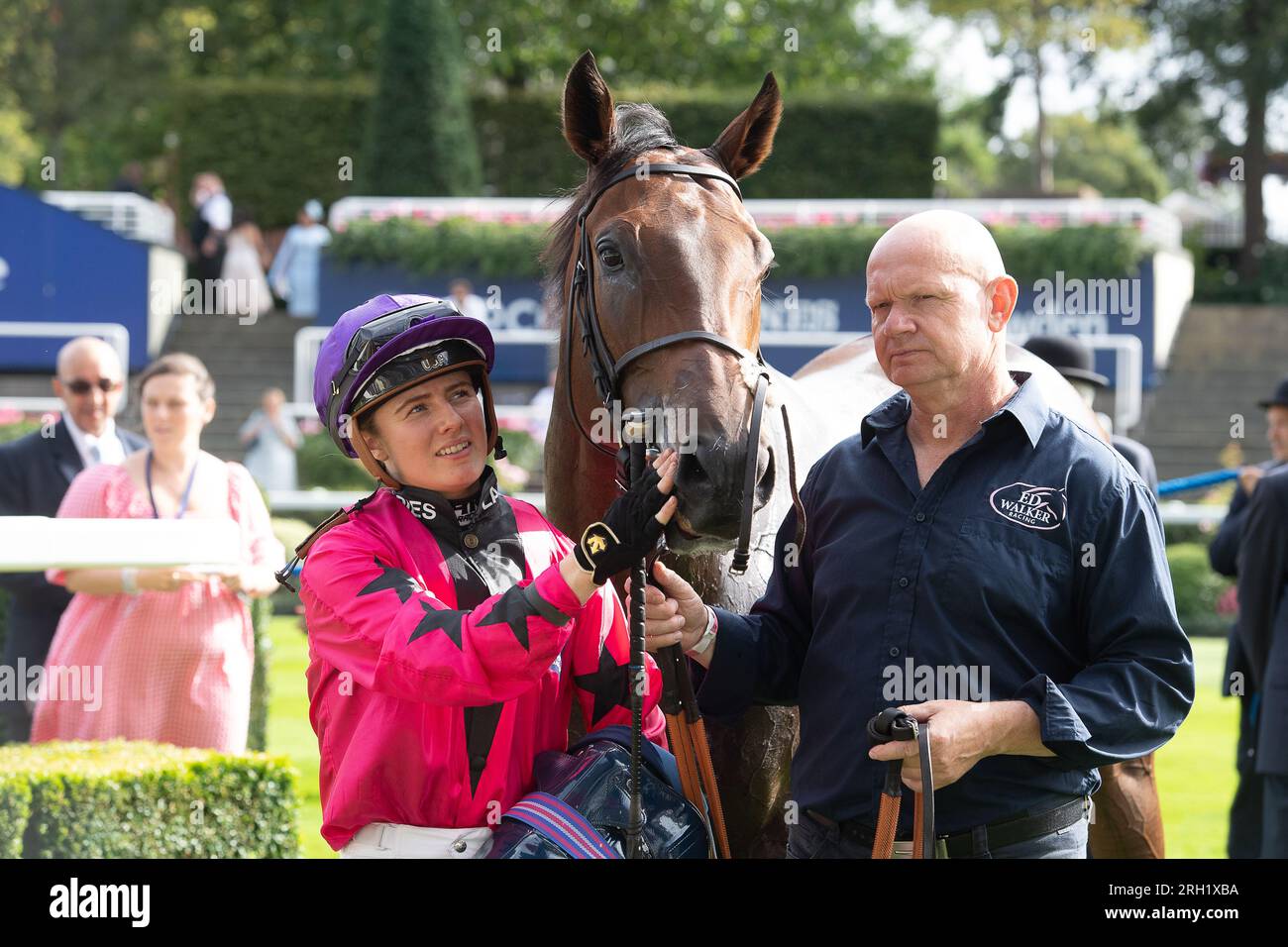 Ascot, Berkshire, UK. 13th August, 2023. Horse Dark Trooper ridden by Saffie Osborne wins the Dubai Duty Free Shergar Cup Sprint at Ascot Racecourse resulting in an overall team win for the Ladies. Owner Chi Un Fred Ma. Trainer Ed Walker, Upper Lambourn. Breeder Yeomanstown Stud. Sponsor ABM Catering Facilities Management. Credit: Maureen McLean/Alamy Live News Stock Photo