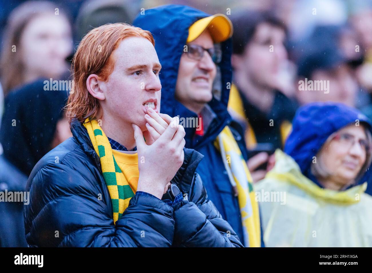 MELBOURNE, AUSTRALIA - AUGUST 12: Australian supporters at the Melbourne Fan Festival with capacity crowd watching Australian Matildas vs France Les B Stock Photo