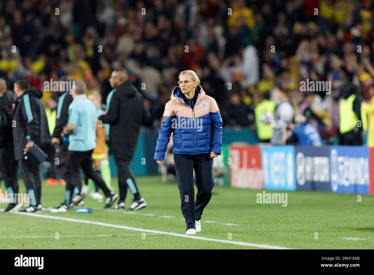 Sydney, Australia. 12th Aug, 2023. Coach, Sarina Wiegman of England looks on during the FIFA Women's World Cup Australia and New Zealand 2023 Quarter Final match between England and Colombia at Stadium Australia on August 12, 2023 in Sydney, Australia Credit: IOIO IMAGES/Alamy Live News Stock Photo