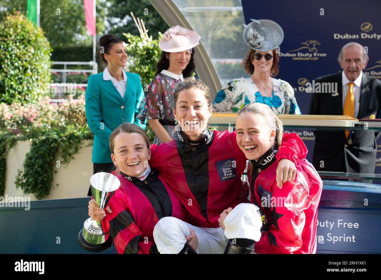 Ascot, Berkshire, UK. 12th August, 2023. Fun and laughter for winning The Ladies Team of Hollie Doyle (L), Captain Hayley Turner (M) and Saffie Osborne (R) who won the overall team at the Dubai Duty Free Shergar Cup at Ascot Racecourse today. Credit: Maureen McLean/Alamy Live News Stock Photo