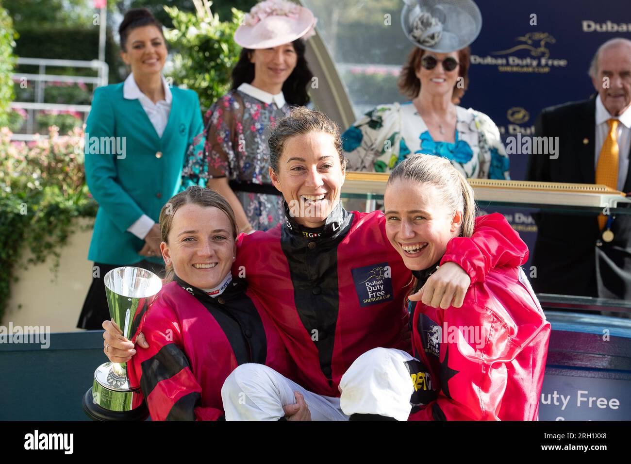Ascot, Berkshire, UK. 12th August, 2023. Fun and laughter for winning The Ladies Team of Hollie Doyle (L), Captain Hayley Turner (M) and Saffie Osborne (R) who won the overall team at the Dubai Duty Free Shergar Cup at Ascot Racecourse today. Credit: Maureen McLean/Alamy Live News Stock Photo