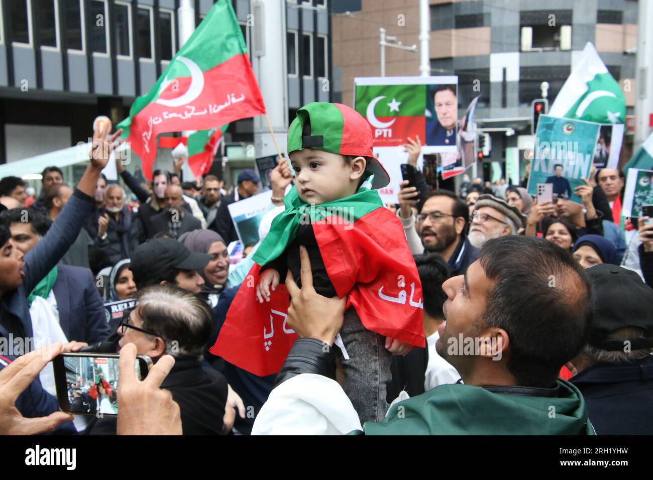 Sydney, Australia. 13th August 2023. An estimated two hundred supporters of the Pakistan Tehreek-e-Insaf political party, which was founded in 1996 by Pakistani cricketer-turned politician Imran Khan protested outside Sydney Town Hall for his release. Credit: Richard Milnes/Alamy Live News Stock Photo