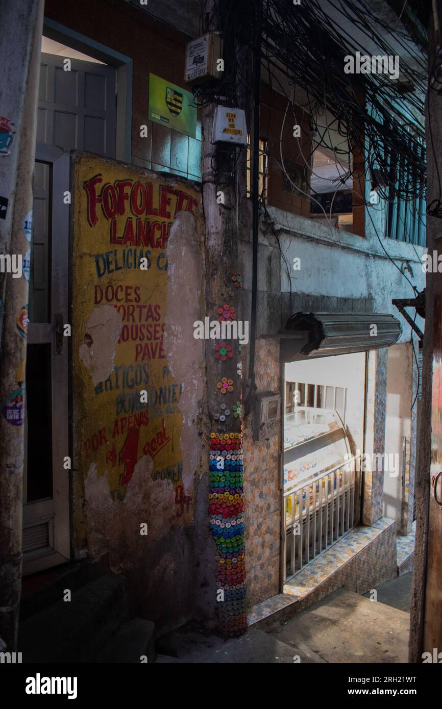 Brazil: details of the narrow alleys of Rocinha, the famous favela in the southern area of Rio de Janeiro, the largest slum in the count Stock Photo