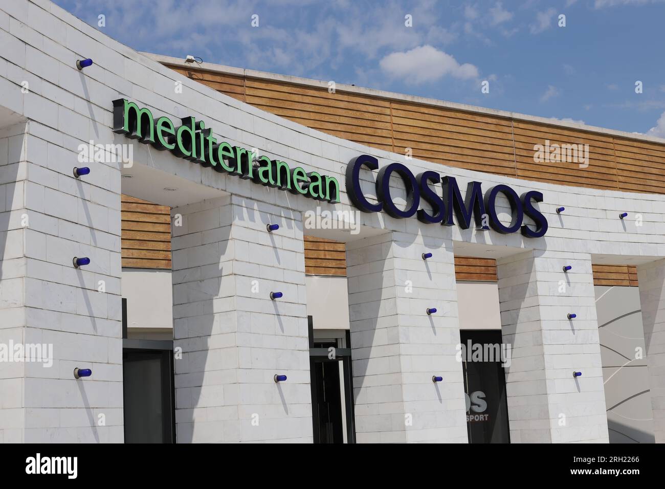 Thessaloniki, Greece 01.08.2023 Mediterranean Cosmos mall logo at the  entrance Stock Photo - Alamy