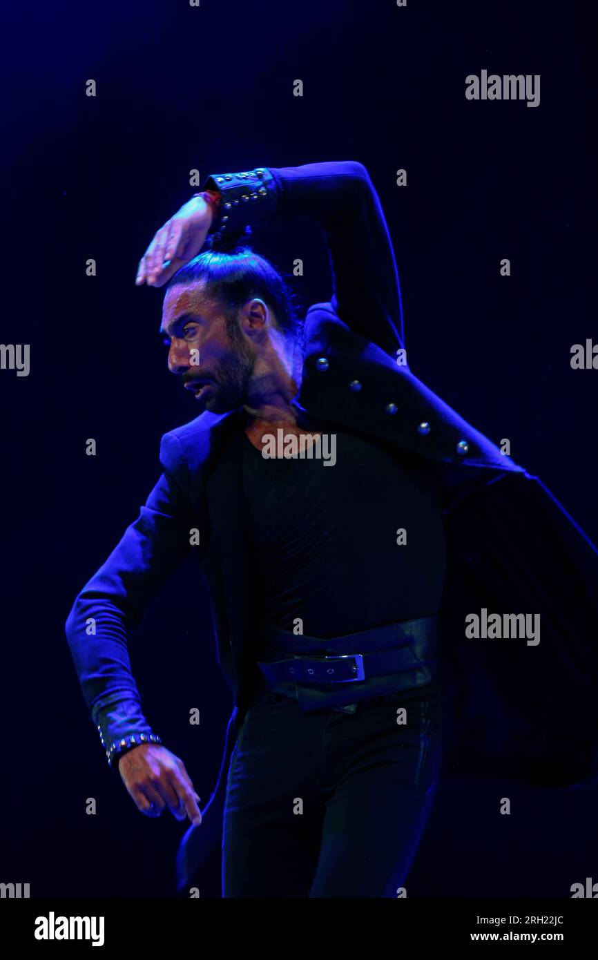 August 11, 2023, Madrid, Madrid, Spain: The bailaor Eduardo Guerrero (Cadiz, 1983), is seen on stage during the presentation of his show 'Guerrero' (by his name in Spanish), in the 39th edition of Veranos de la Villa, in the Conde Duque Cultural Center. The bailaor (flamenco dancer), puts on his new show, 'Guerrero', which bears his polysemic last name as its title and which follows a career that began when he was just a child and with shows like 'De Dolores' or 'El callejon de los pecados'. Escorted by the singing of Pasion Vega and with the guitars of Javier IbaÃ±ez and Benito Bernayo, Eduar Stock Photo