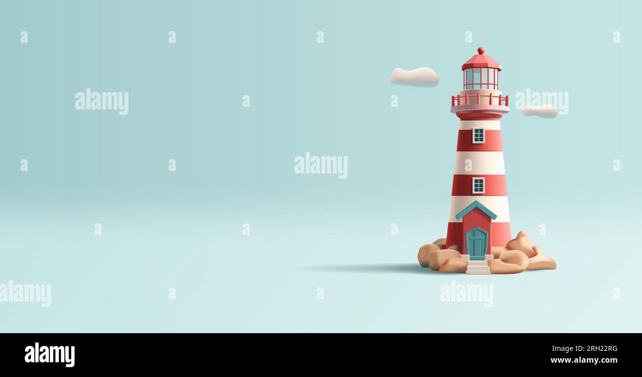3d render illustration of a lighthouse with beacon, red and white building, isolated on blue digital icon Stock Vector