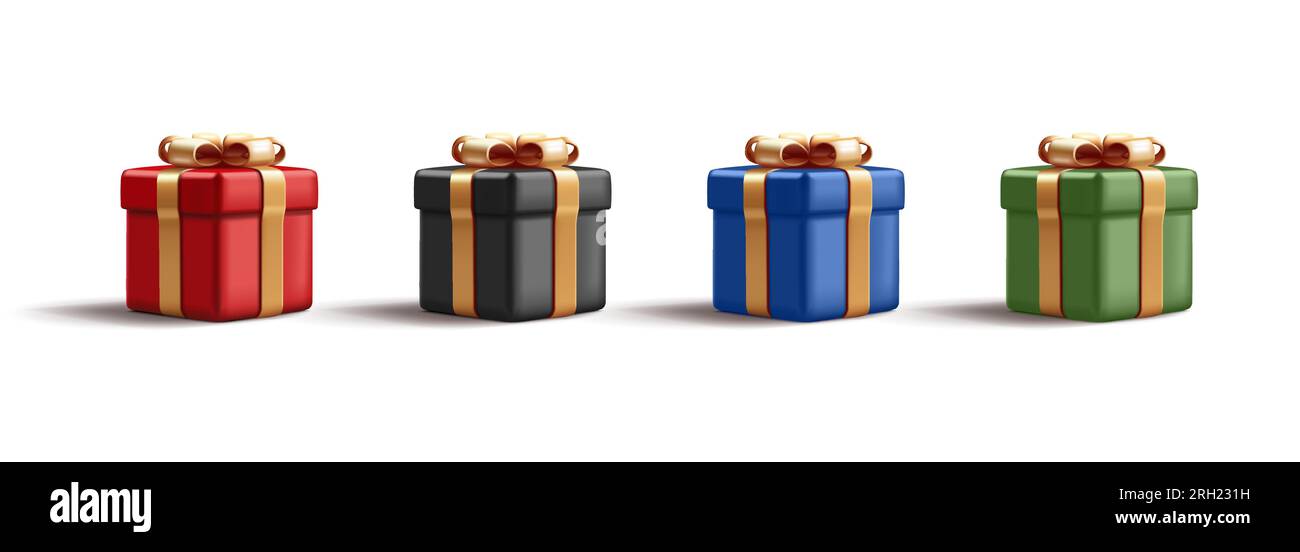 set of 3d render gift box illustration with golden shiny ribbon bow and ...