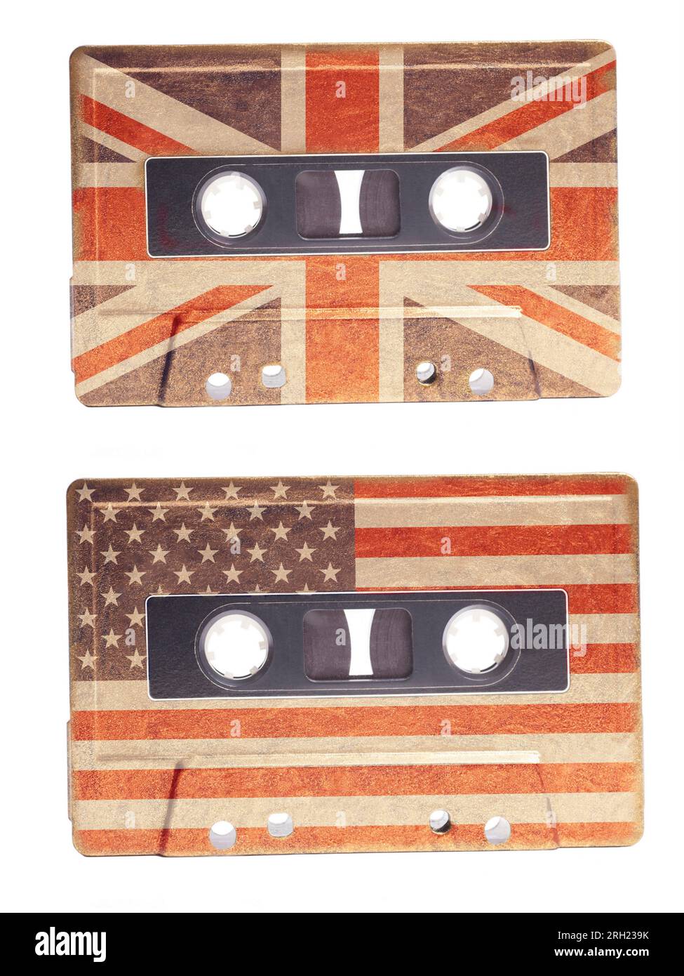 Audio cassette tape painted in British and American flag isolated on a