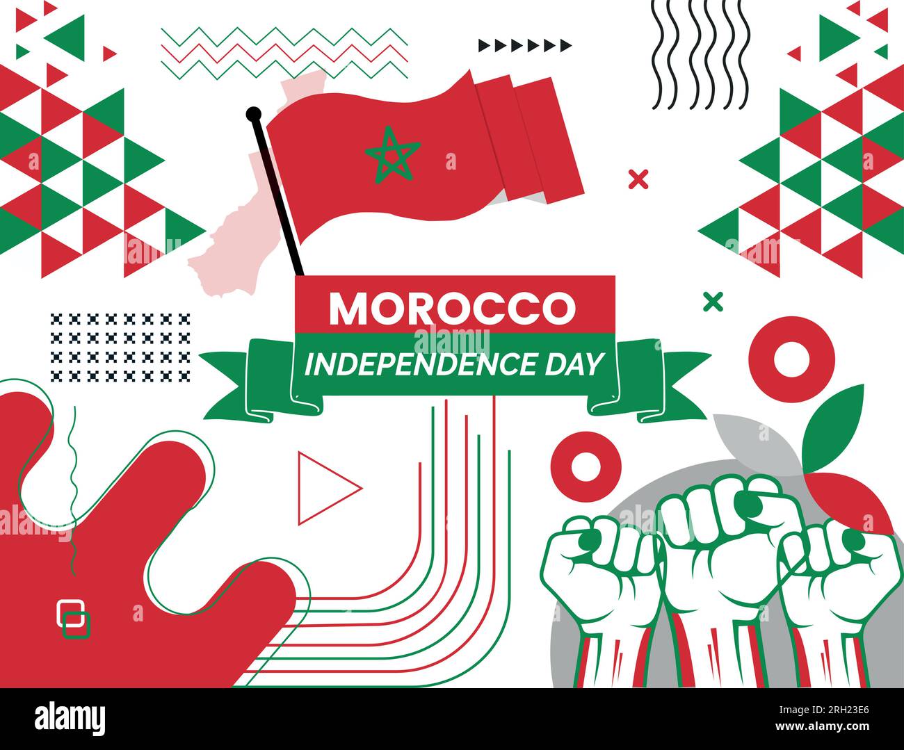 MOROCCO Map and raised fists. National day or Independence day design for MOROCCO celebration. Modern retro design with abstract icons. Stock Vector