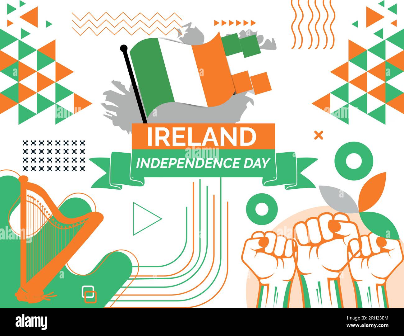 Ireland national day banner design. Ireland flag and map theme with background. Template vector Ireland flag modern design. Abstract geometric retro Stock Vector