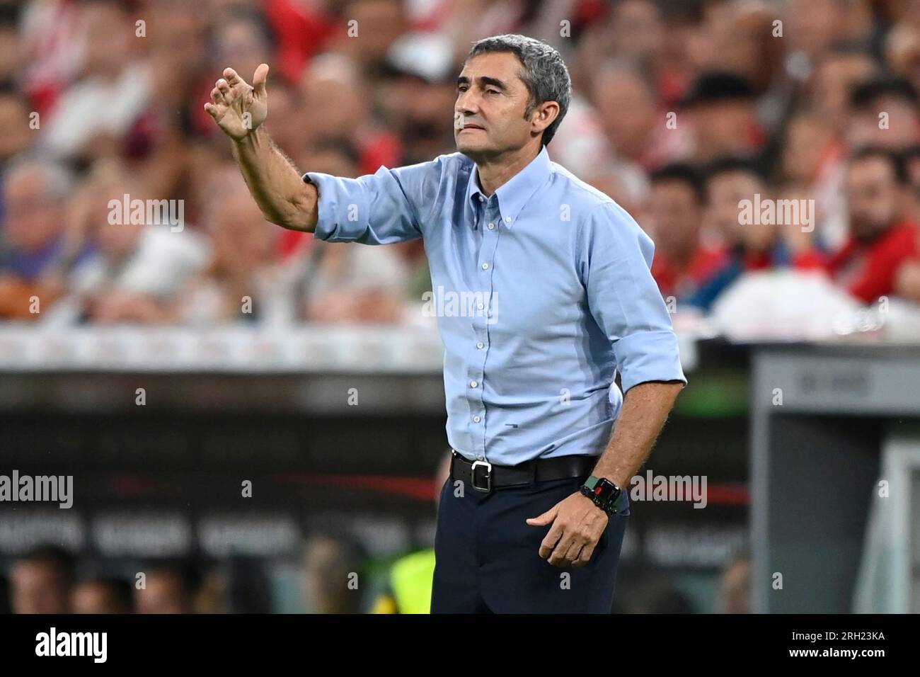 Bilbao, Spain. 12th Aug, 2023. Athletic Club head coach Ernesto Valverde during the La Liga match between Athletic Club v Real Madrid played at San Mames Stadium on August 12 in Bilbao, Spain. (Photo by Cesar Ortiz/PRESSINPHOTO) Credit: PRESSINPHOTO SPORTS AGENCY/Alamy Live News Stock Photo