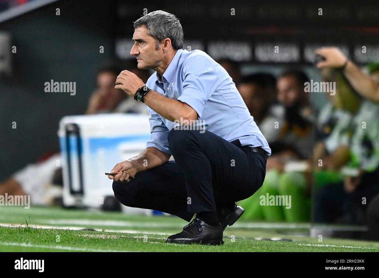 Bilbao, Spain. 12th Aug, 2023. Athletic Club head coach Ernesto Valverde during the La Liga match between Athletic Club v Real Madrid played at San Mames Stadium on August 12 in Bilbao, Spain. (Photo by Cesar Ortiz/PRESSINPHOTO) Credit: PRESSINPHOTO SPORTS AGENCY/Alamy Live News Stock Photo