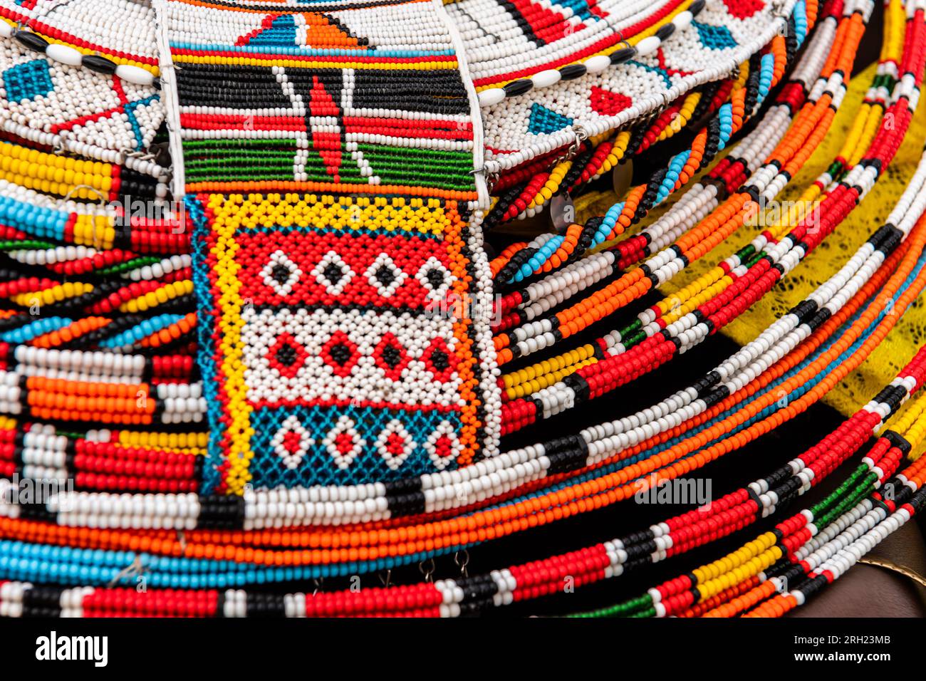 Women by the Samburu tribe use as sophisticated ornaments bracelets and collars made by made by themselves from multicolored beads. Kenya, Africa. Stock Photo