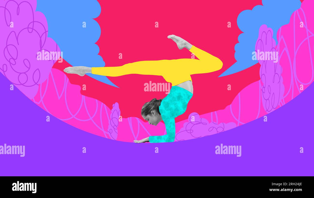 Flexability. Contemporary art collage with flexible beautiful little