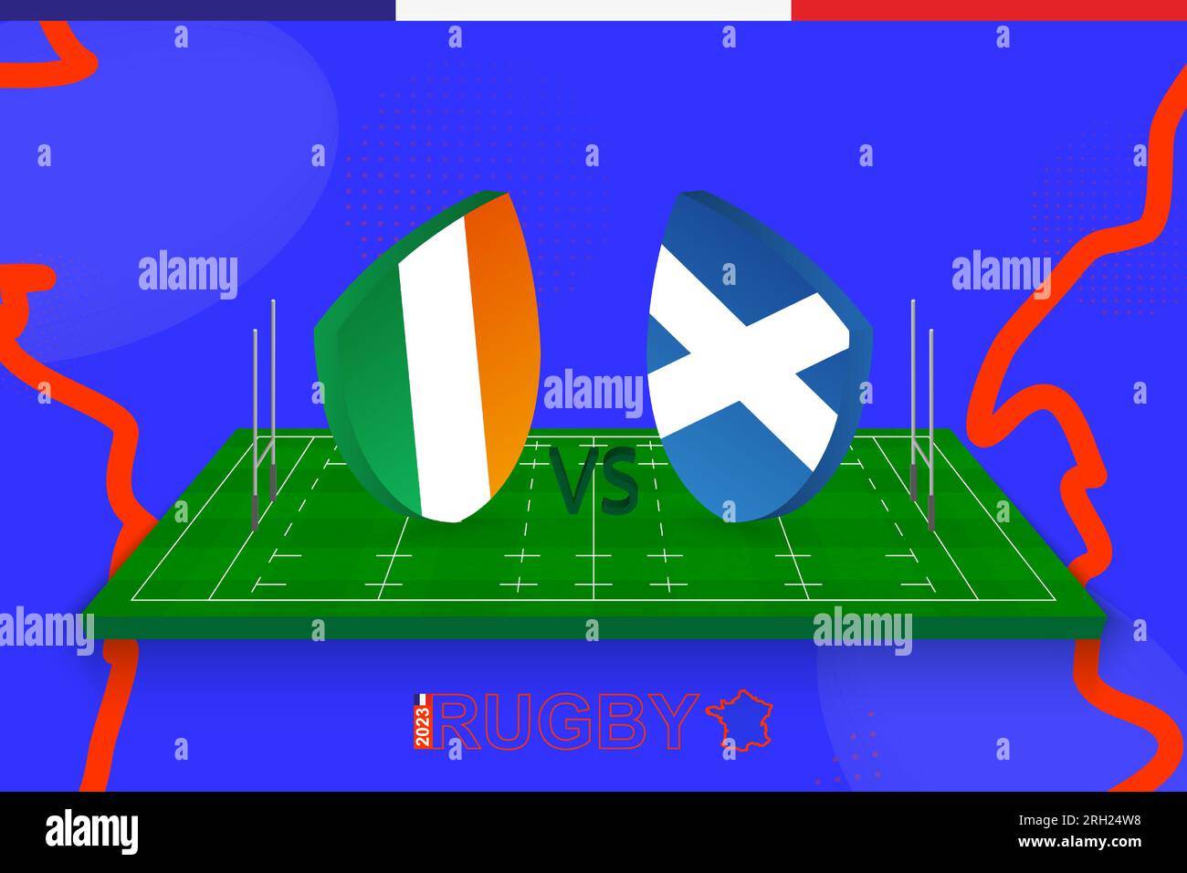 Rugby team Ireland vs Scotland on rugby field. Rugby stadium on