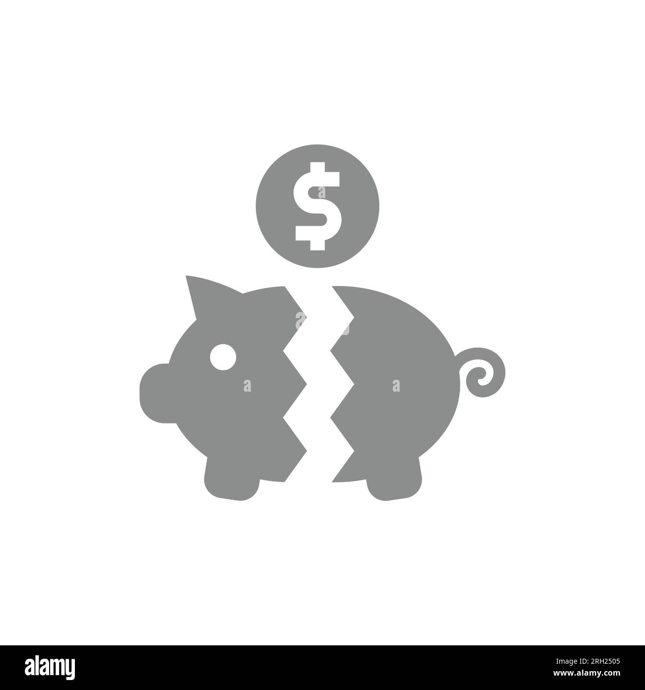 Broken piggy bank and dollar coin icon. Inflation, financial crisis and bankruptcy vector. Stock Vector