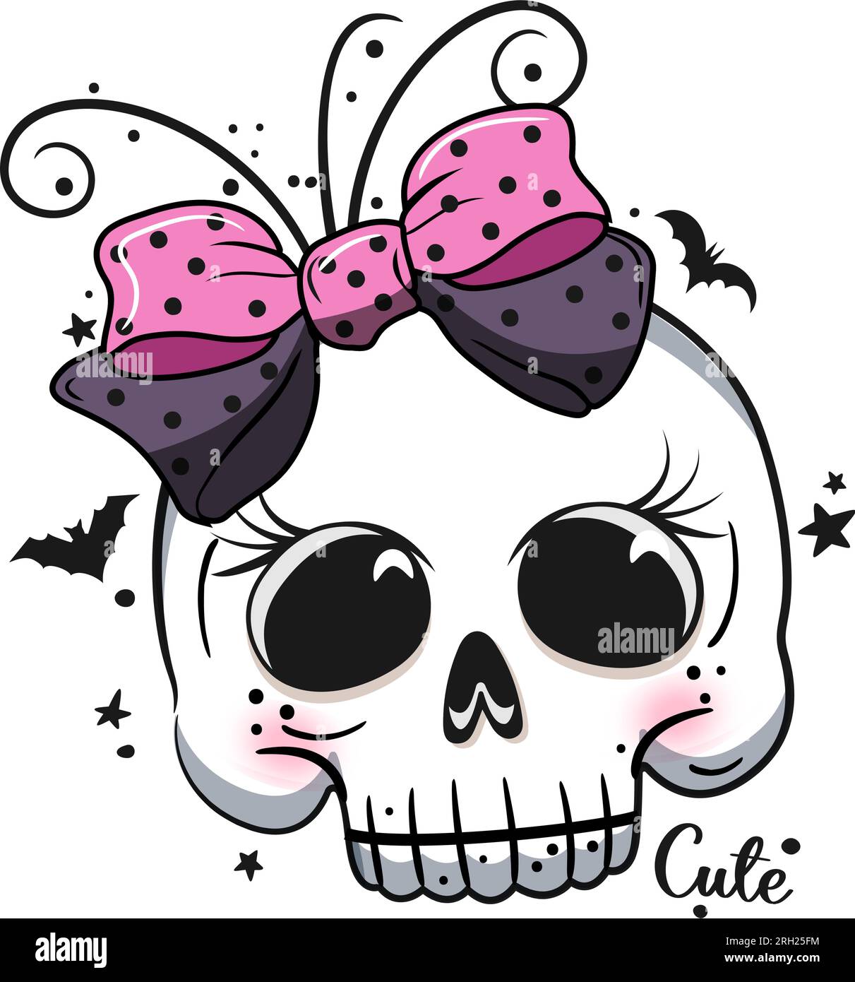 Cute cartoon skull with pink bow. Halloween party. Stock Vector
