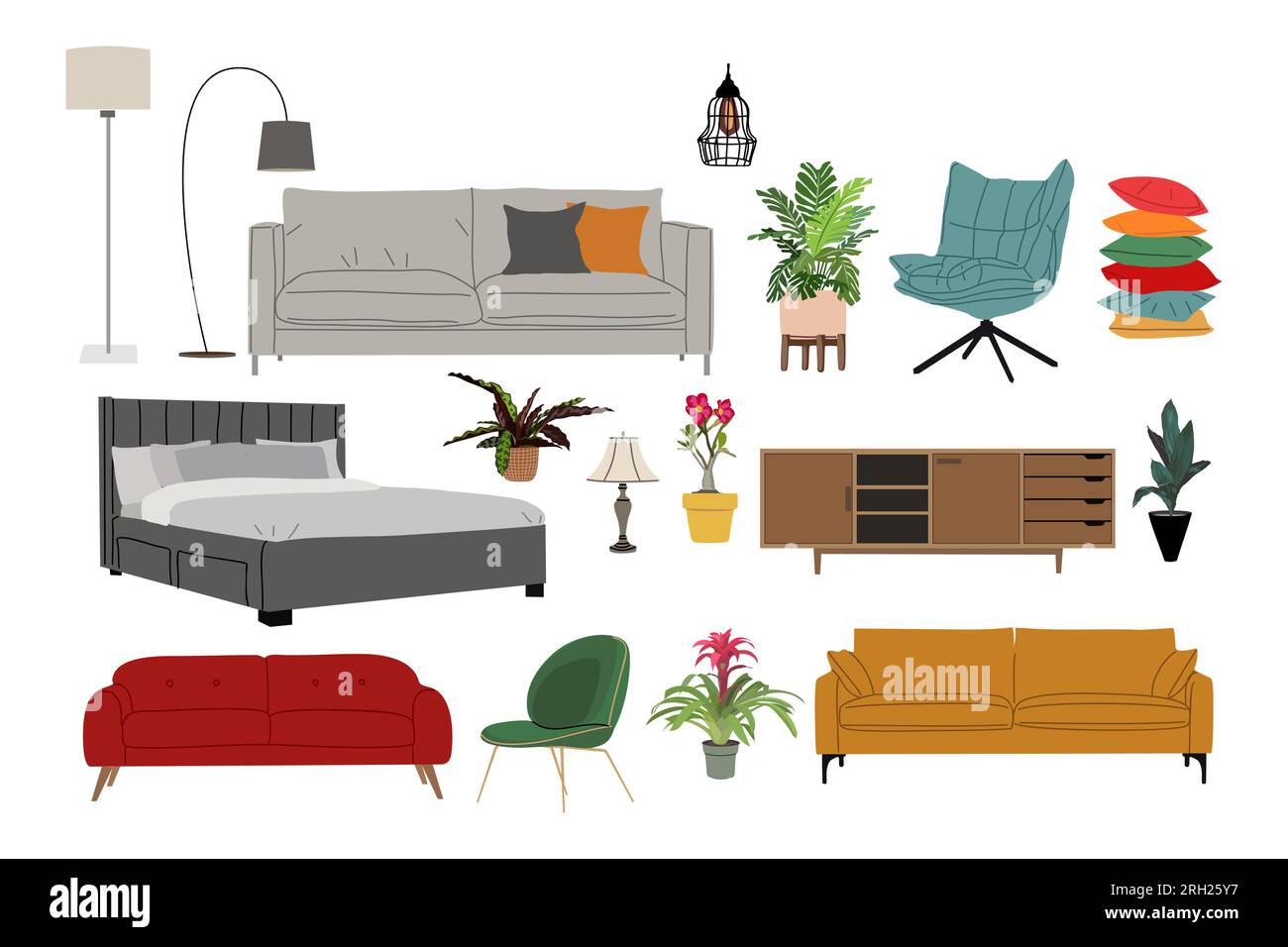 Set of home furniture, interior decor vector Stock Vector
