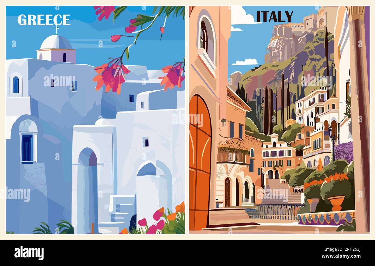 Set of Greece, Italy Travel Destination Posters. Stock Vector