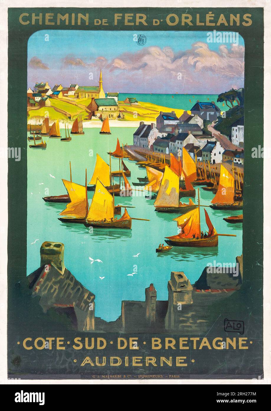 Brittany, France Travel Poster (G. de Malherbe & Co., 1920s) Chemin de Fer D'Orleans - Cote Sud de Bretagne Audierne, sailing ships Stock Photo