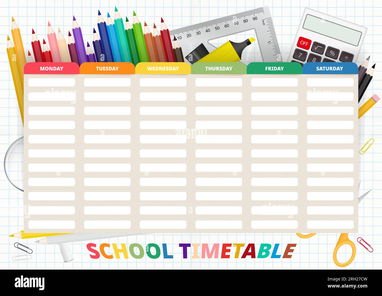 School Timetable vector template, timetable from Monday to Sunday on background with school office supplies. Vector template. Stock Vector