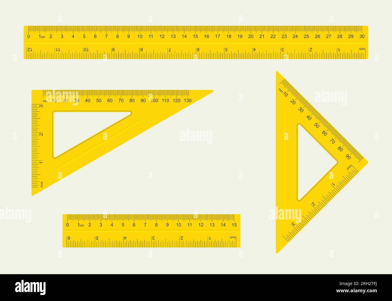 Set of different type of ruler, yellow ruler with measure in centimeters, inches and millimeters. Vector collection. Stock Vector