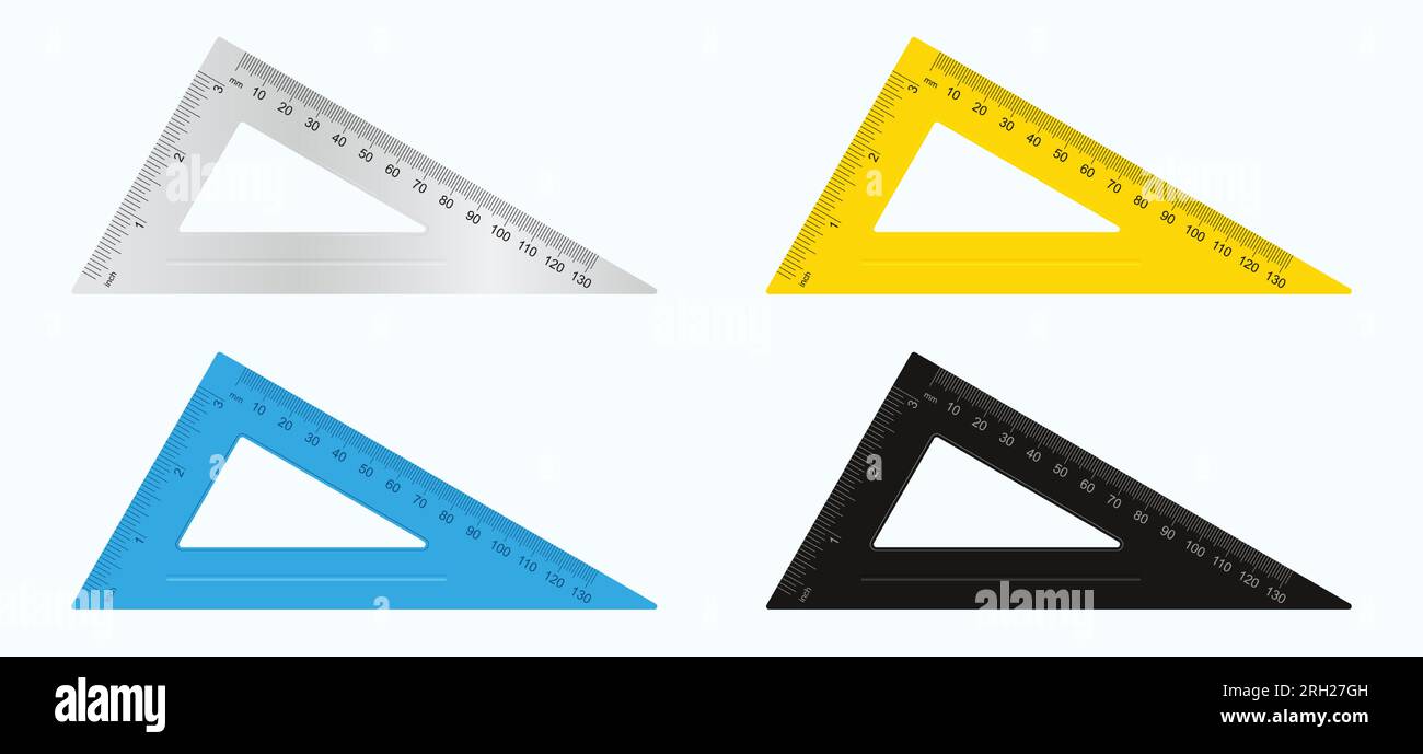 Set of school supplies, triangle ruler in metallic, yellow, blue and black colors. Vector illustration. Stock Vector