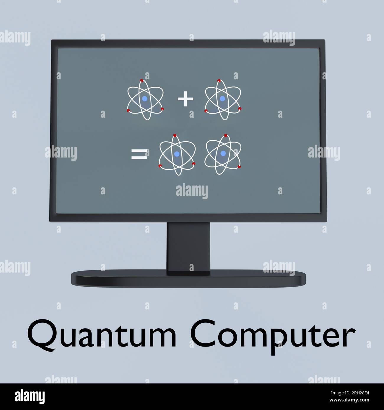 3D illustration of a PC screen displaying a symbolic equation containing atoms, titled as Quantum Computer. Stock Photo